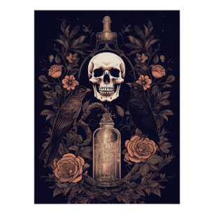 Vintage-Gothik-Skelett-Totenkopf-Rabe-Gift-Hallowe Poster