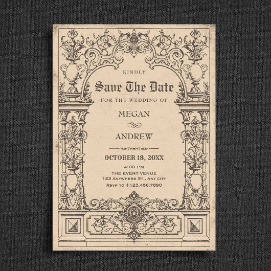 Vintage gotische Bogenhochzeit Save The Date