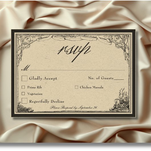 Vintage gotische Hochzeit an der mittelalterlichen RSVP Karte