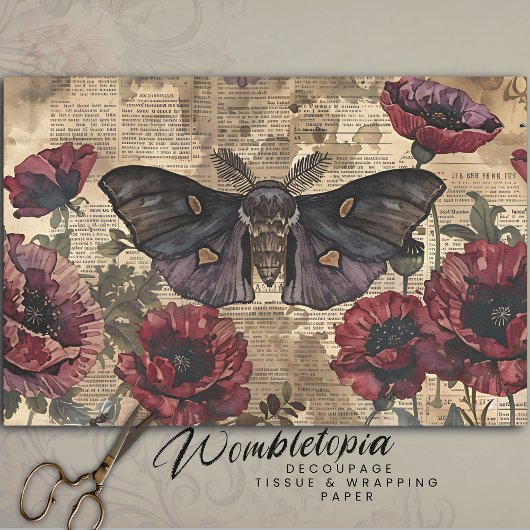 Vintage Gotische Moth & Red Poppy Botanische Ephem Seidenpapier