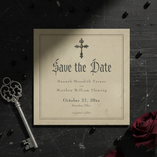 Vintage-Gotische-schwarze-Toile-Kreuz-Tan-Hochzeit Save The Date