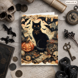 Vintage-Gotischer Halloween-Schwarzer-Katze-Feiert Feiertagskarte