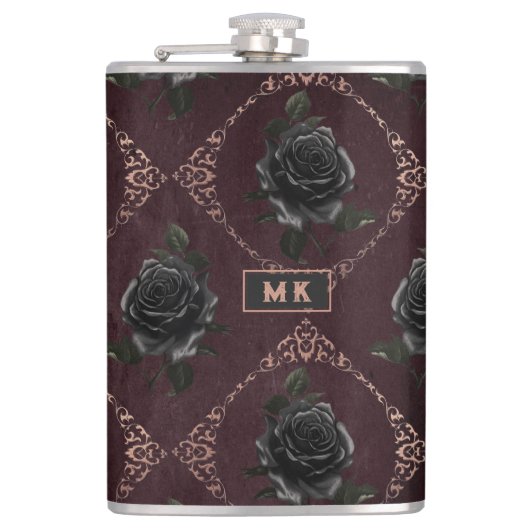 Vintage-Gotischer Monogramm mit schwarzen Rosen Flachmann (Vorderseite)
