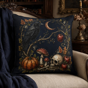 Vintage-Gotischer-Samhain-Rabe-Mond-Totenkopf-Kuns Kissen