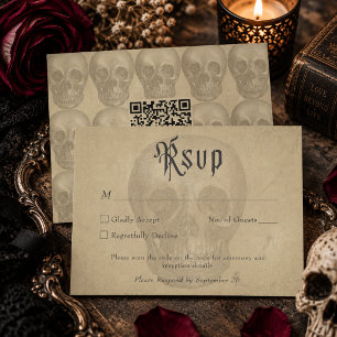 Vintage-Gotischer-Skelett-Hochzeit-Halloween-QR RSVP Karte
