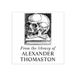 Vintage-gotischer Totenkopf auf Buch Bibliotheksna Gummistempel