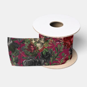 Vintage-Gotischer Totenkopf und Rosen in Rot und S Satinband