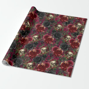 Vintage-Gotischer Totenkopf und Rosen Rot und Schw Geschenkpapier
