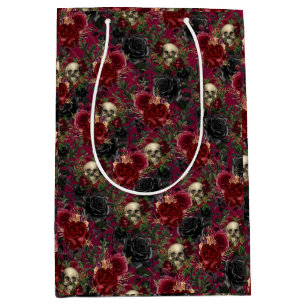 Vintage-Gotischer Totenkopf und Rosen Rot und Schw Mittlere Geschenktüte