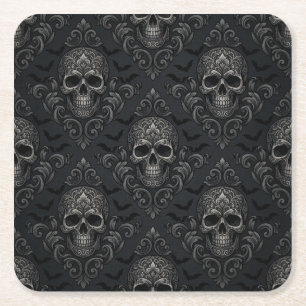 Vintage-Gotischer viktorianischer Totenkopf-Damask Rechteckiger Pappuntersetzer