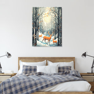 Vintage-Gouache-Style-Winterhirsch 32x24 Leinwanddruck