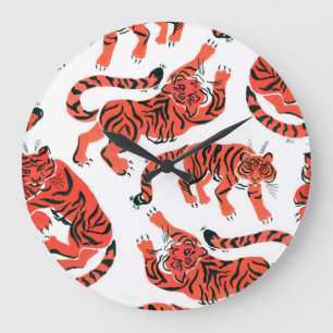 Vintage Gouache Tigers Nahtloses Muster Große Wanduhr
