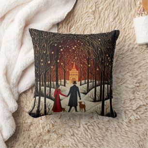 Vintage-Gouache-Winterpaar und Kirche Kissen