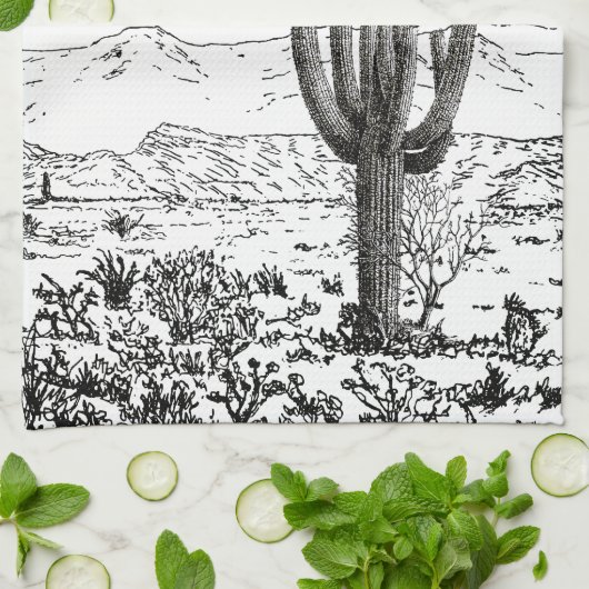 Vintage Grafische Wüste Cactus Saguaro Geschirrtuch (Gefaltet)