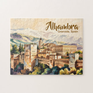 Vintage Granada Spain Alhambra Watercolor Travel Puzzle