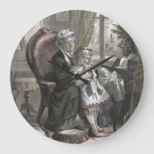 Vintage Grandma Teaching Kitting to Granddaughter Große Wanduhr (Vorderseite)