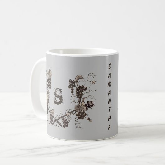 Vintage Grapevine Etching Black and White Monogram Kaffeetasse (Vorderseite Links)