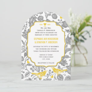 Vintage Grau- und Gelbe Blumen-Liebesvogel-Hochzei Einladung