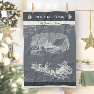 Vintage Grau Weihnachtsmann-Schlitten-Rentiere Wei Geschirrtuch