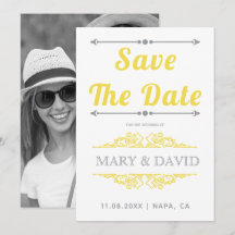 Vintage graue, gelbe Typografie Save the Date