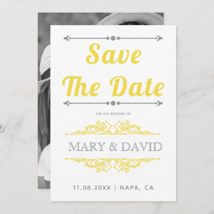 Vintage graue, gelbe Typografie Save the Date