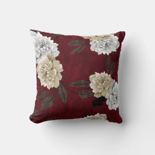 Vintage, graue und cremefarbene Blume mit Blätter Kissen