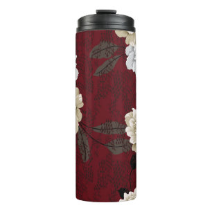 Vintage, graue und cremefarbene Blume mit Blätter Thermosbecher