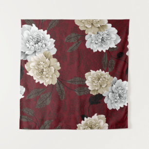 Vintage, graue und cremefarbene Blume mit Blätter Wandteppich