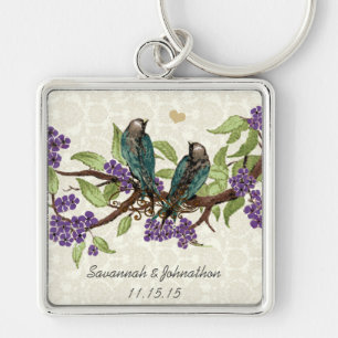 Vintage-Graue Vögel Gelbe Blumen Hochzeitsanhänger Schlüsselanhänger