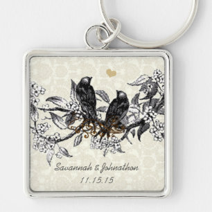 Vintage-Graue Vögel Handgezeichnete Blüten Schlüss Schlüsselanhänger