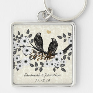 Vintage-Graue Vögel Weiße Daisy Hochzeitsanhänger Schlüsselanhänger
