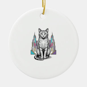 Vintage gravierte Cyber-Katzen-Stadt-Vektor-Art_1 Keramik Ornament