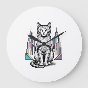 Vintage gravierte Cyber-Katzen-Stadt-Vektor-Kunst_ Große Wanduhr
