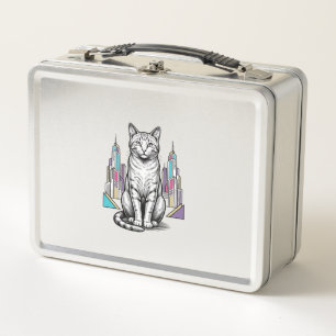 Vintage gravierte Cyber-Katzen-Stadt-Vektor-Kunst_ Metall Brotdose