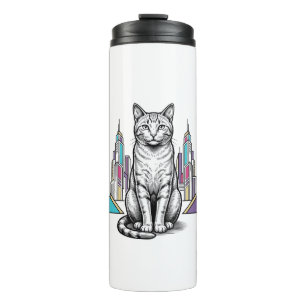 Vintage gravierte Cyber-Katzen-Stadt-Vektor-Kunst_ Thermosbecher