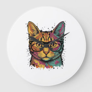 Vintage gravierte Katze mit Brille Vektor Design_1 Große Wanduhr