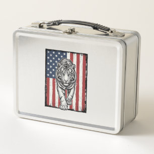 Vintage gravierte Tiger-Amerikanische-Flagge Patri Metall Brotdose