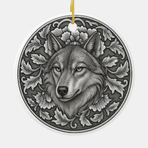 Vintage graviertes florales Wolfskopf-Design  Keramik Ornament