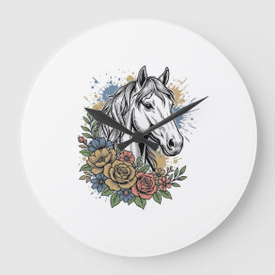 Vintage graviertes Pferd-Blumen-Vektor-Shirt-Desig Große Wanduhr