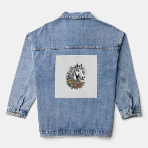 Vintage graviertes Pferd-Blumen-Vektor-Shirt-Desig Jeansjacke