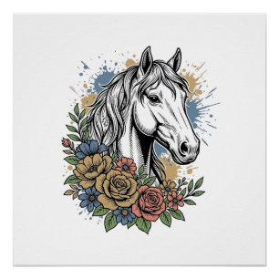 Vintage graviertes Pferd-Blumen-Vektor-Shirt-Desig Poster