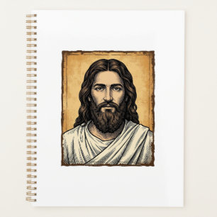 Vintage graviertes religiöses Porträt-Shirt-Design Planer