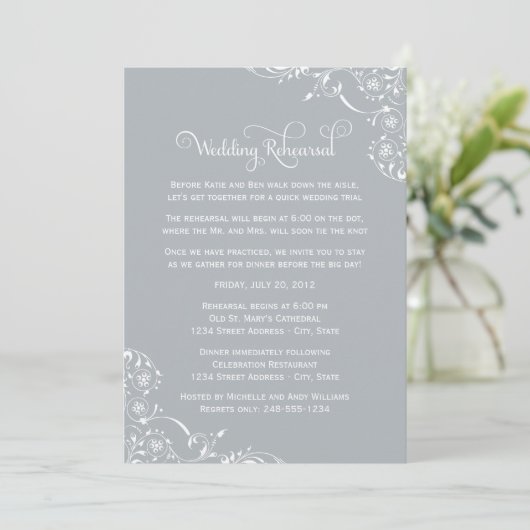 Vintage Gray Scrolls Hochzeit und Abendessen Probe Einladung (Stehend Vorderseite)