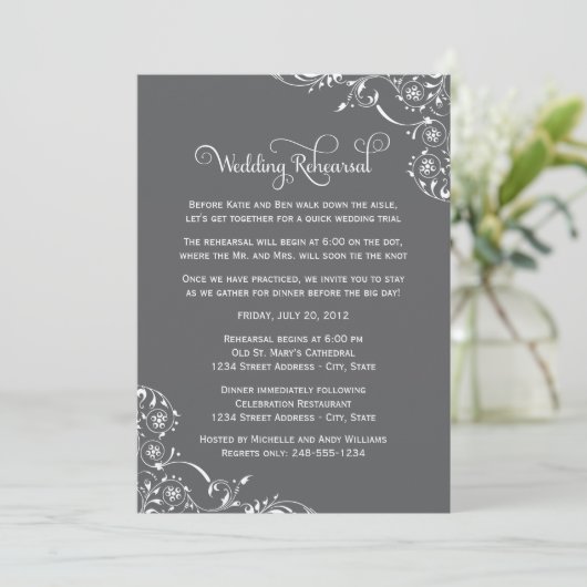 Vintage Gray Scrolls Hochzeit und Abendessen Probe Einladung (Stehend Vorderseite)