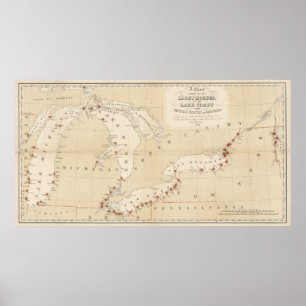 Vintage Great Lakes Leuchtturm-Karte (1848) Poster