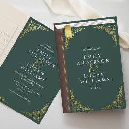 Vintage Green Book Gold Florale Hochzeits Einladun Einladung