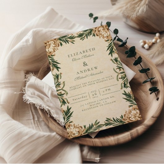 Vintage Green Botanical Wedding Einladung