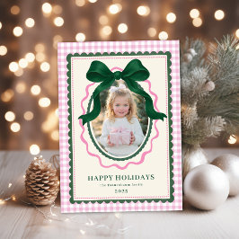 Vintage Green Bow Pink Plaid Christmas Photo Feiertagskarte