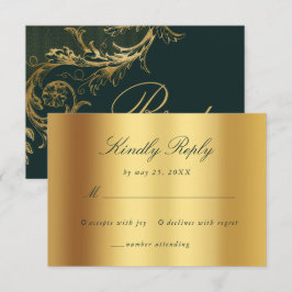 Vintage Green Gold Floral Damaskus Script Hochzeit RSVP Karte