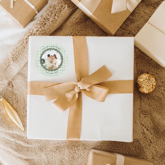 Vintage Green Plaid Christmas Photo Runder Aufkleber